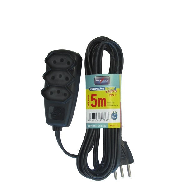 Extensão Extensão com 3 Tomadas 2P+T 10A-250VCA 3x0,75 mm² 5 M Preto Cabo PP