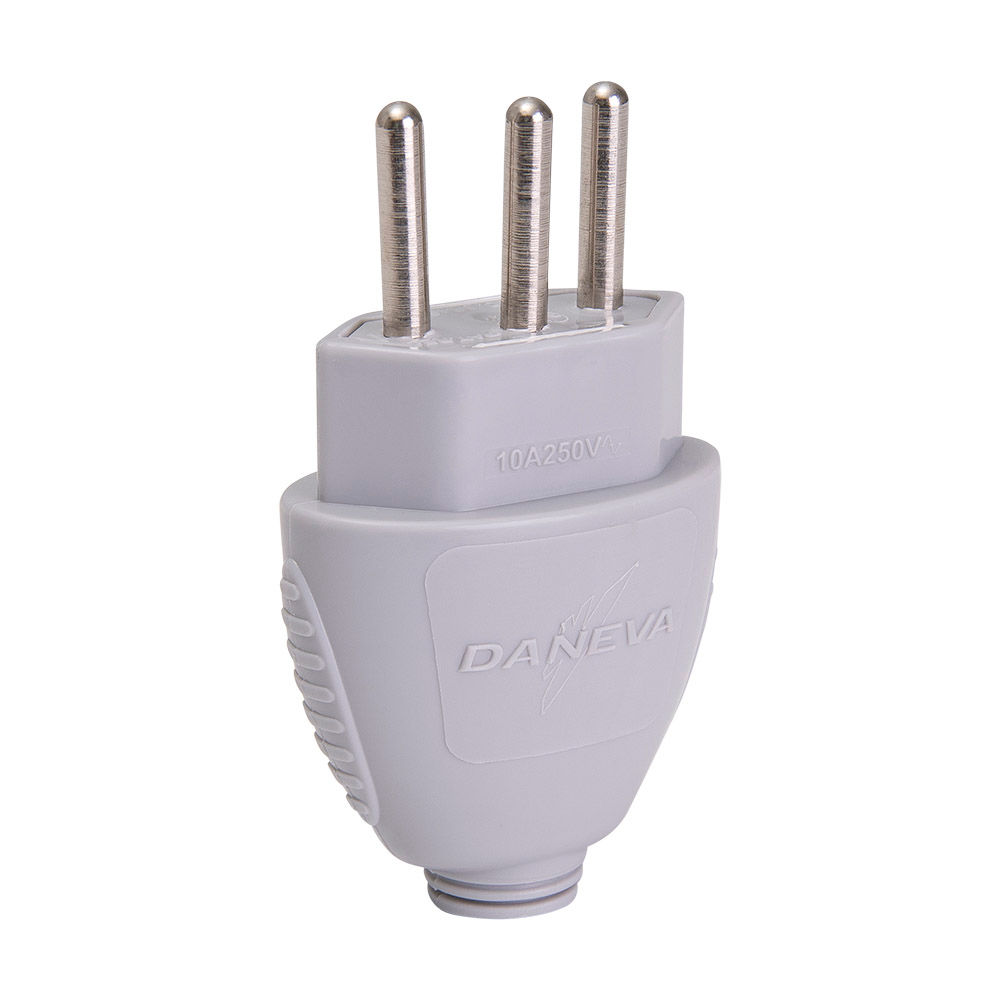 Plugue Macho 2P+T 10A 250VCA PVC Branco sem Prensa Cabo