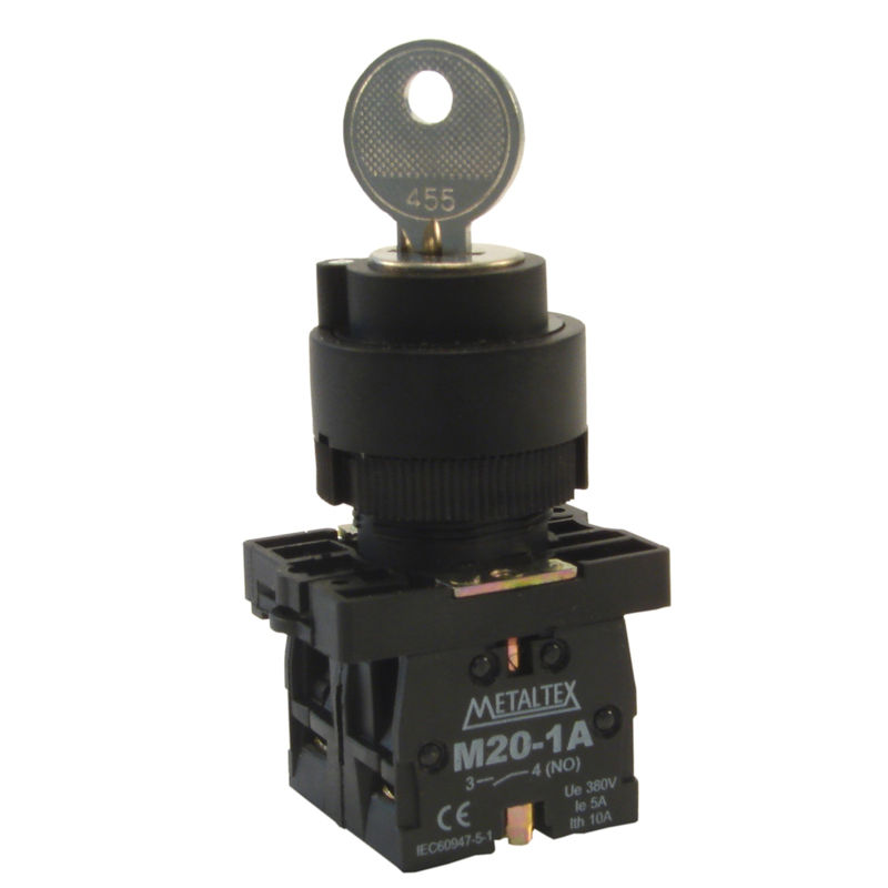 Comutador PVC Comando 22 mm Aro Preto 1NA com 2 Posições 90G Manopla com Chave Preto