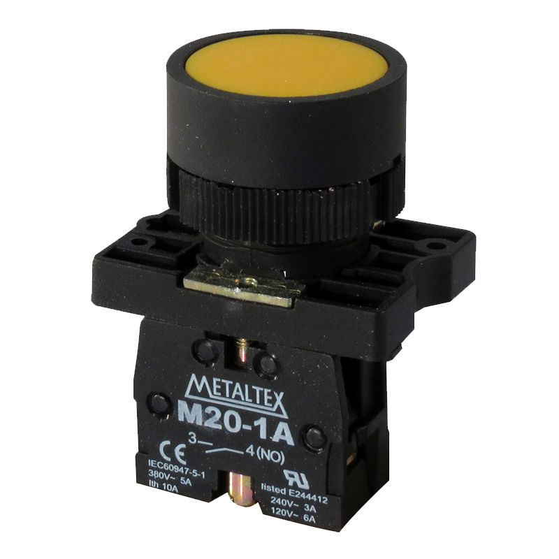 Botão Botão PVC Faceado 22,00 mm Amarelo Aro Preto com Elemento 1NA Opaco