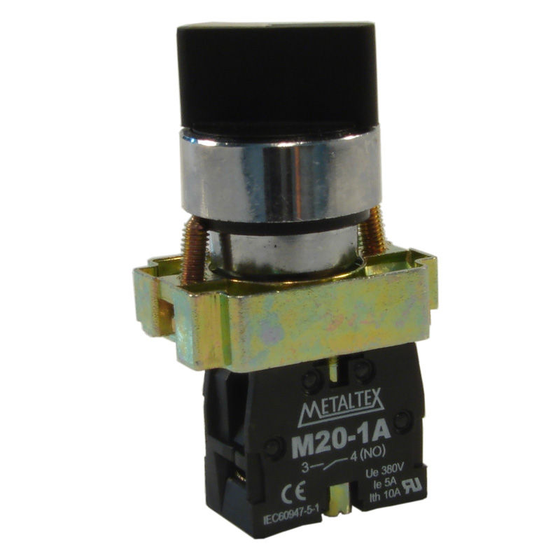 Comutador Metálico Comando 22 mm Aro Cromado 1NA com 2 Posições com Retenção Manopla Curta Preto