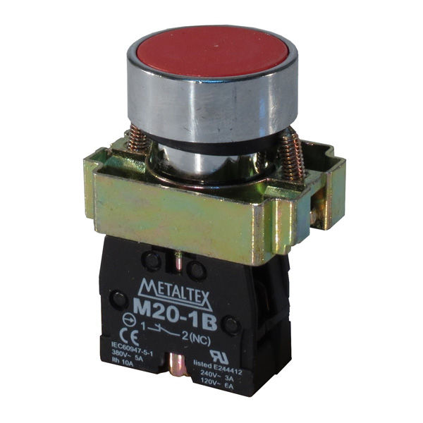 Botão Botão Pulsador Metálico Faceado 22,00 mm Vermelho Aro Cromado com Elemento 1NF Opaco