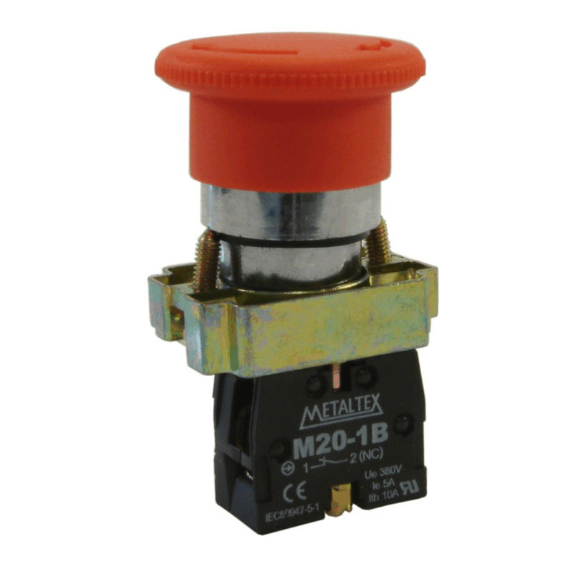 Botão Botão Emergência Metálico Cogumelo 22,00 mm Vermelho Aro Cromado com Elemento 1NF Opaco Gira Destrava 40 mm