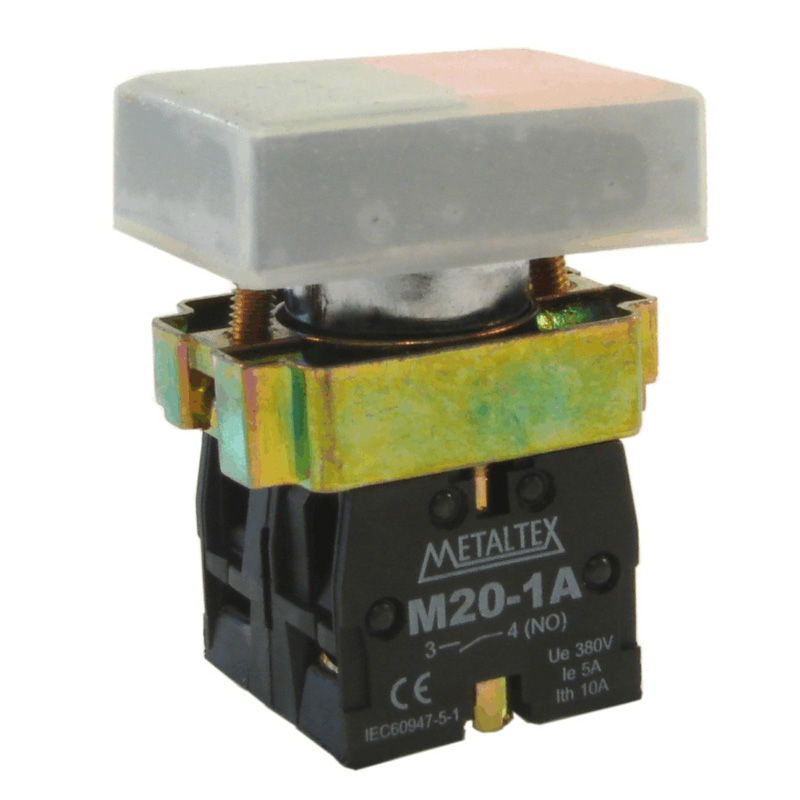 Botão Botão Duplo Metálico Faceado 22,00 mm Verde/Vermelho Aro Preto Quadrado com Elemento 1NA+1NF Opaco com Capa