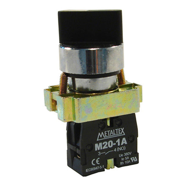 Comutador Metálico Comando 22 mm Aro Cromado 2NA com 3 Posições 45G com Retenção Manopla Curta Preto