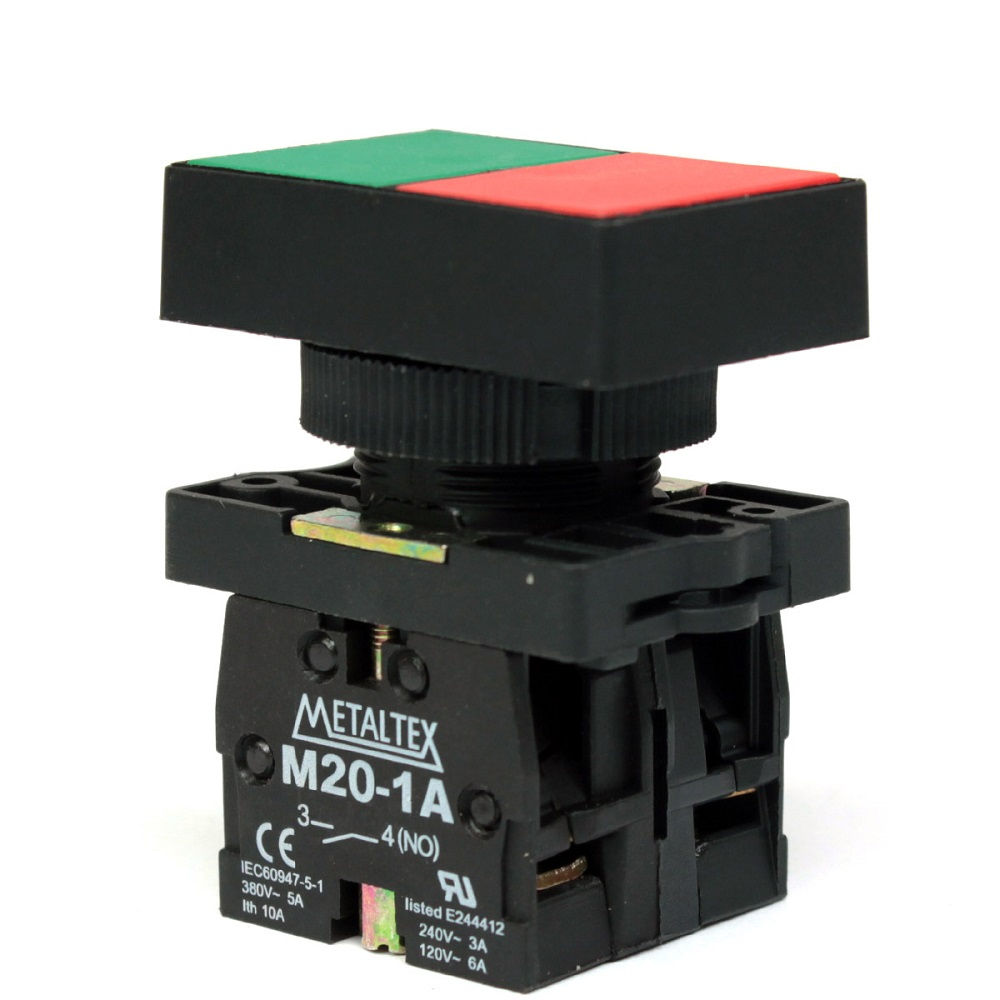 Botão Botão Duplo PVC Faceado 22,00 mm Verde/Vermelho Aro Preto Quadrado com Elemento 1NA+1NF Opaco com Capa