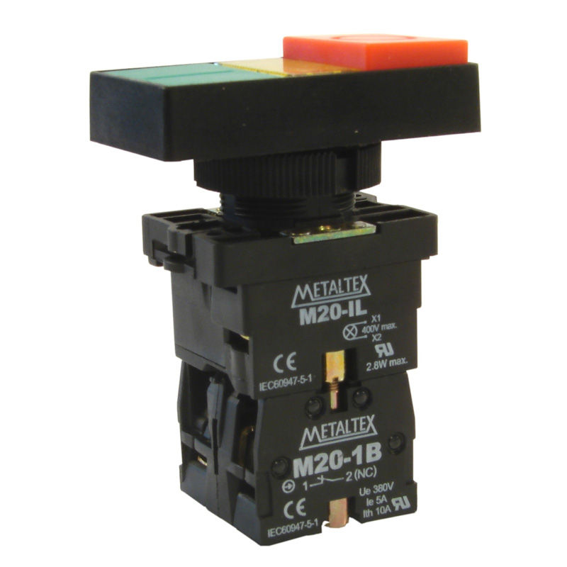 Botão Botão Duplo PVC Saliente 22,00 mm Verde/Vermelho Aro Preto Retangular com Elemento 1NA+1NF Luminoso com LED 220VCA