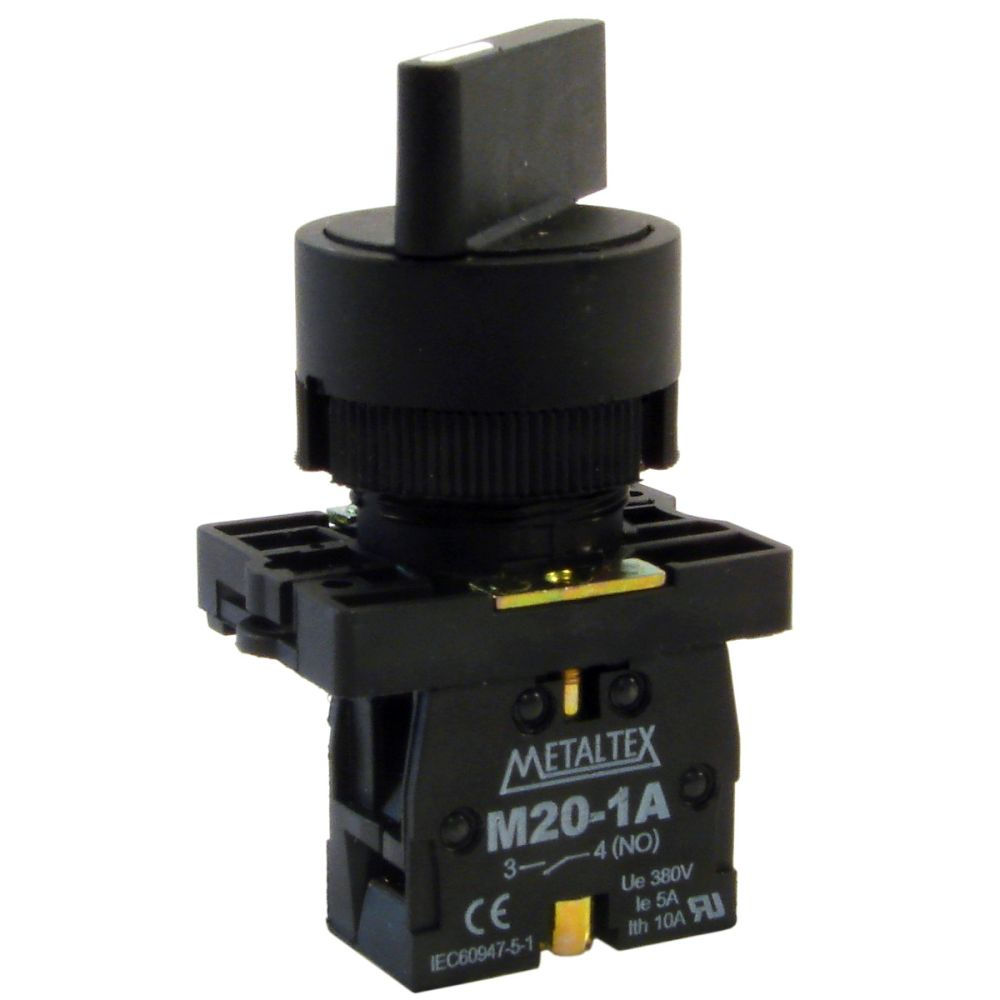 Comutador PVC Comando 22 mm Aro Preto 1NA com 2 Posições 90G com Retenção Manopla Longa Preto