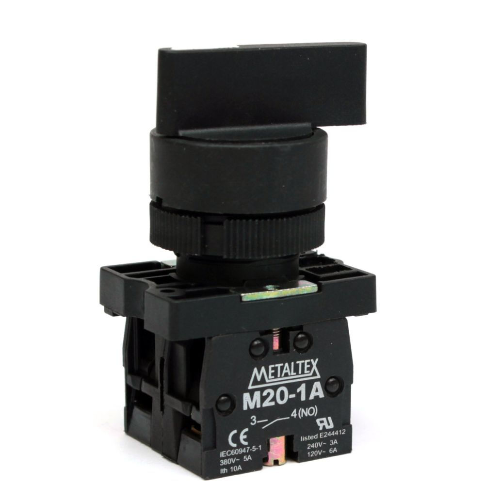 Comutador PVC Comando 22 mm Aro Preto 2NA com 3 Posições 45G com Retenção Manopla Longa Preto