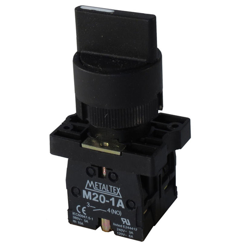 Comutador PVC Comando 22 mm Aro Preto 2NA com 3 Posições 45G com Retenção Manopla Curta Preto