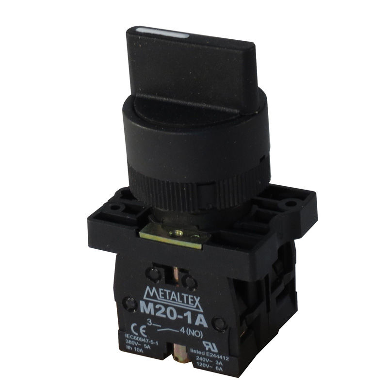 Comutador PVC Comando 22 mm Aro Preto 2NA com 3 Posições 45G com Retorno Manopla Curta Preto