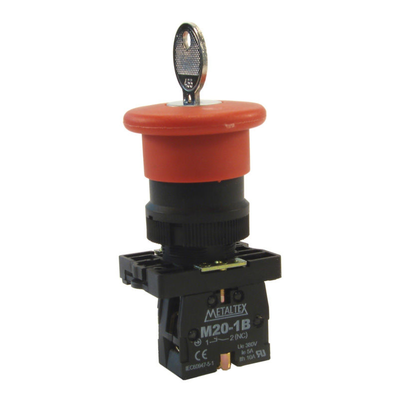 Botão Botão Emergência PVC Cogumelo 22,00 mm Vermelho Aro Preto com Elemento 1NF Opaco Chave Destrava 40 mm