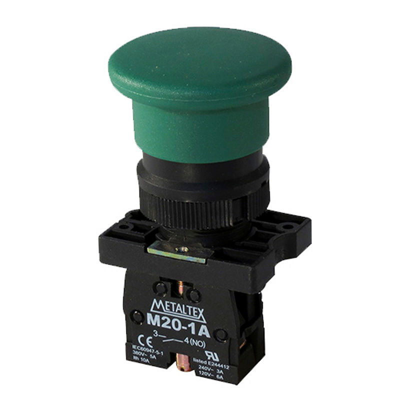 Botão Botão Emergência PVC Cogumelo 22,00 mm Verde Aro Preto com Elemento 1NA Opaco sem Trava 40 mm
