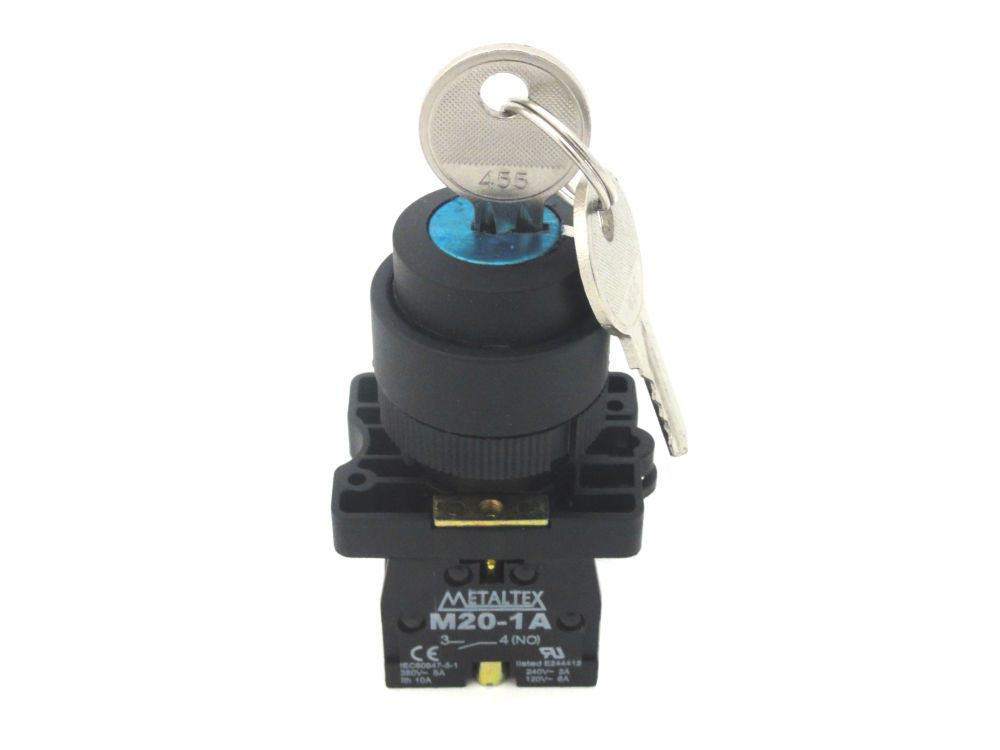 Comutador PVC Comando 22 mm Aro Preto 2NA com 3 Posições 45G com Retenção sem Manopla com Chave Preto