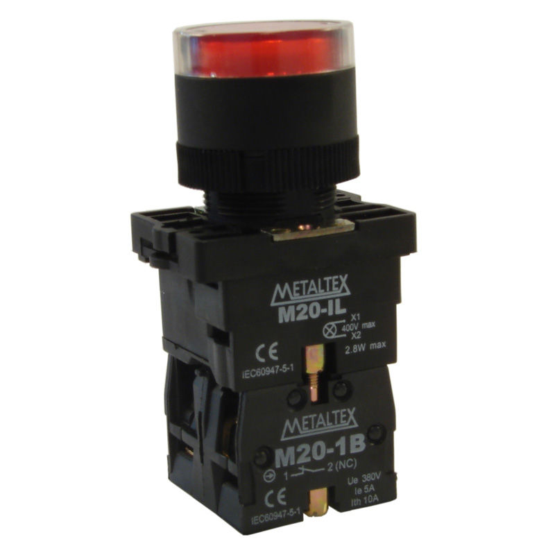 Botão Botão PVC Faceado 22,00 mm Vermelho Aro Preto com Elemento 1NA+1NF Luminoso com LED 220VCA