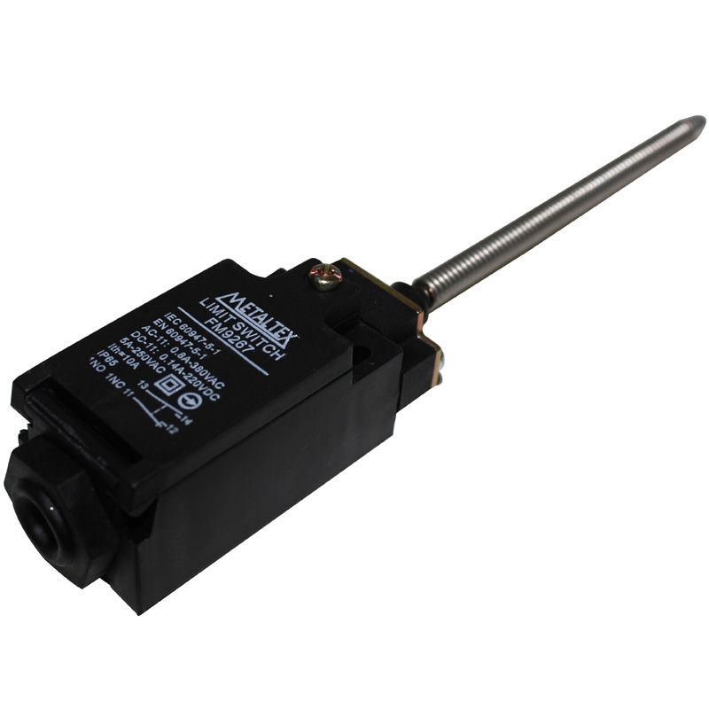 Fim de Curso Ação Rápida FM9 5A 250VCA Corpo PVC Caixa Estreita com Haste Flexível Rosca Total 1NA+1NF