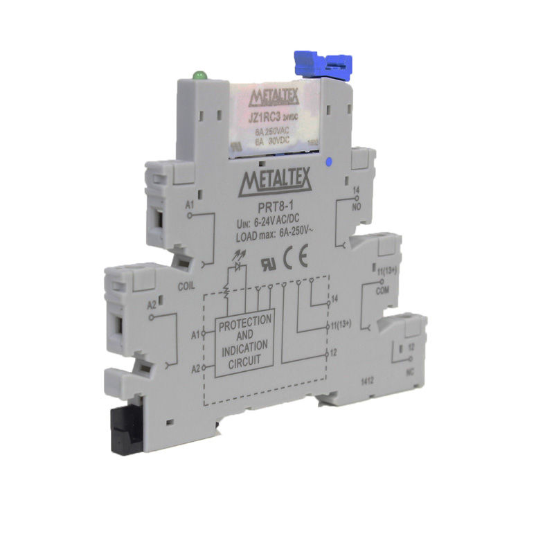Acoplador Relé Acoplador Relé 24VCA/CC 1 Contato Reversível (NAF) com LED 6A Largura 6,2 mm Conexão para Parafuso para Trilho DIN Estreito.