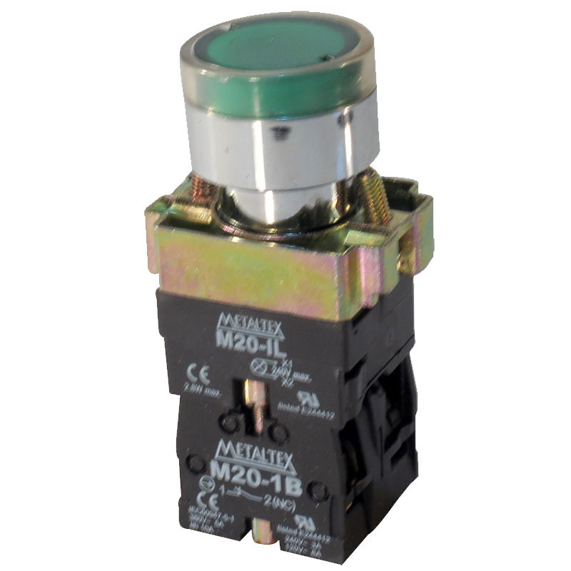 Botão Botão Pulsador Metálico Saliente 22,00 mm Verde Aro Cromado com Elemento 1NA+1NF Luminoso com LED 220VCA