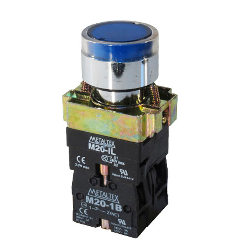 Botão Botão Pulsador Metálico Saliente 22,00 mm Azul Aro Cromado com Elemento 1NA+1NF Luminoso com LED 220VCA