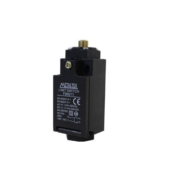 Fim de Curso Ação Rápida FM9 5A 250VCA Corpo PVC Caixa Estreita com Pino Atuador 1NA+1NF