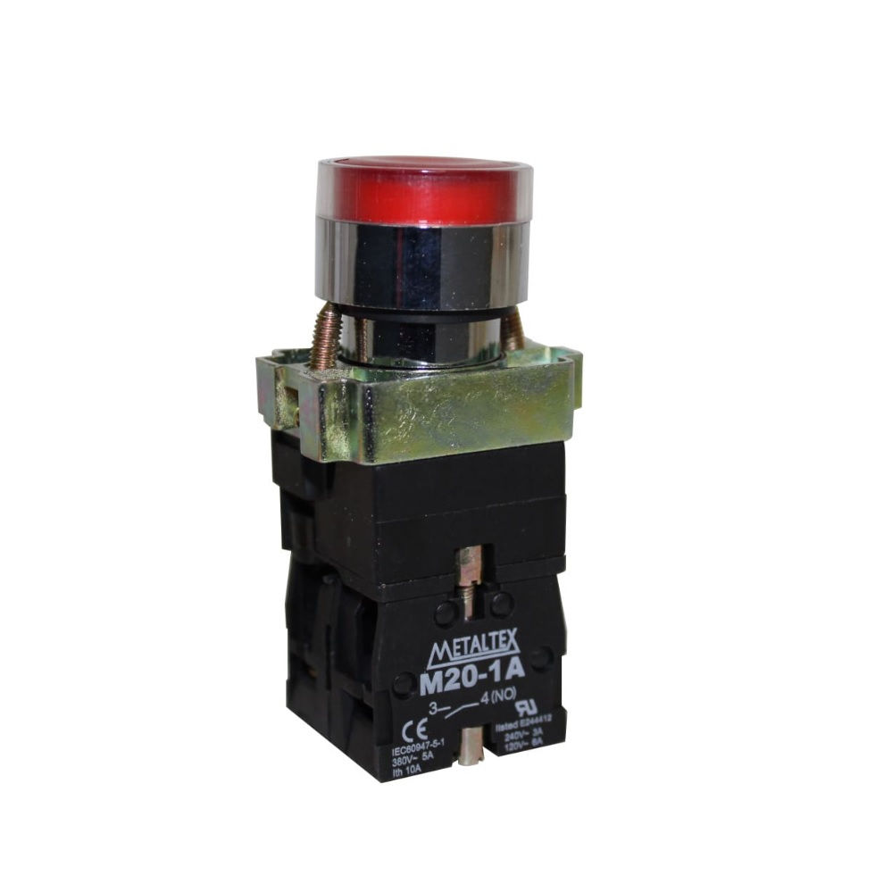 Botão Botão Pulsador Metálico Saliente 22,00 mm Vermelho Aro Cromado com Elemento 1NA Luminoso com LED 220VCA