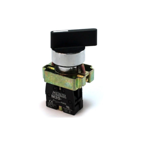 Comutador Metálico Comando 22 mm Aro Cromado 1NA com 2 Posições 90G com Retenção Manopla Longa Preto