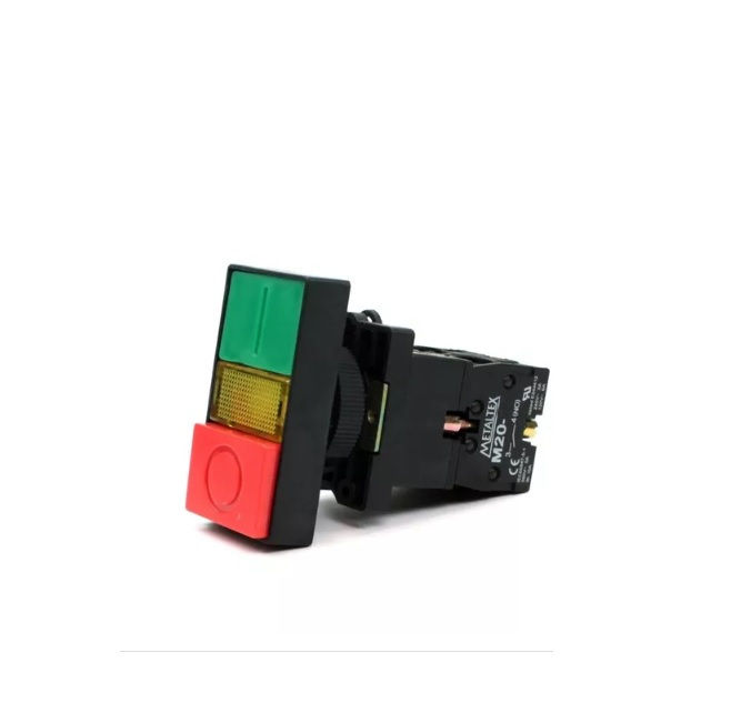 Botão Botão Duplo Metálico Faceado 22,00 mm Verde/Vermelho Aro Cromado com Elemento 1NA+1NF Luminoso