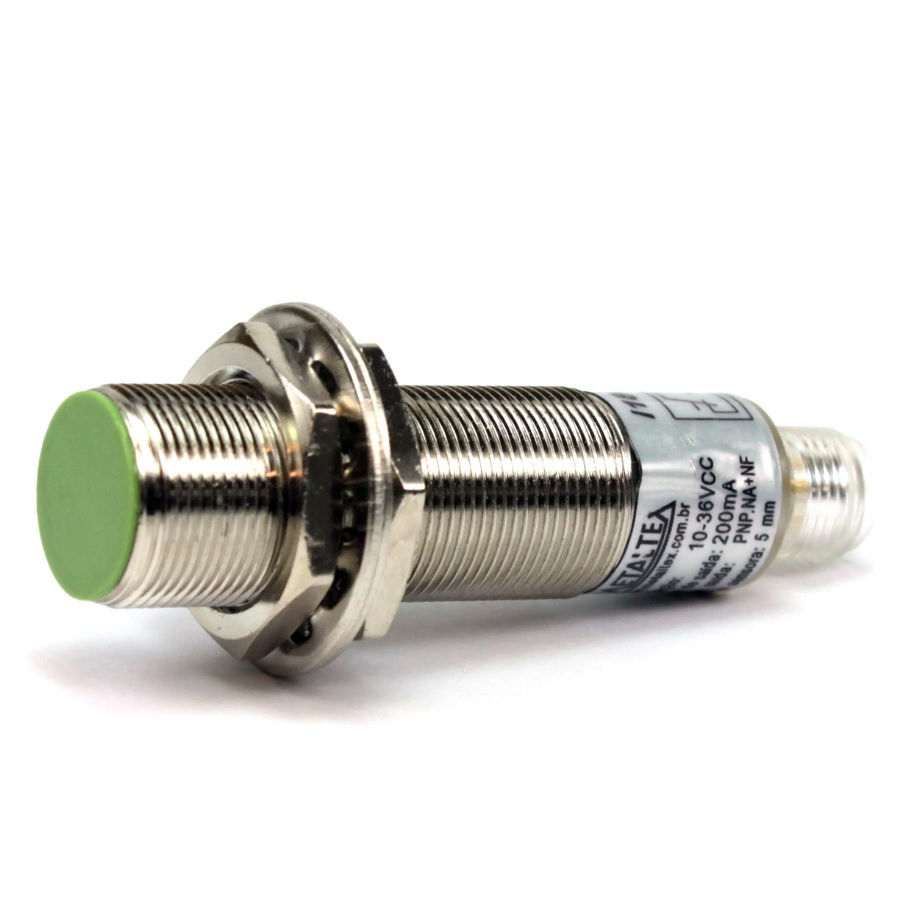 Sensor Indutivo Faceado Cilíndrico M18 PNP 10-36VCC 1NA+1NF Alcance 5 mm com Cabo 2 M 4 Fios IP67 com LED