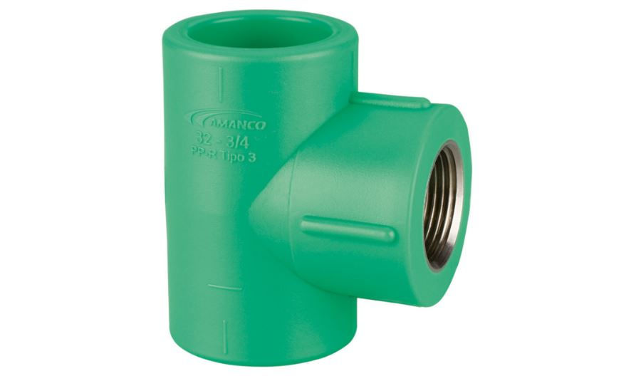 Te Fêmea/Fêmea/Fêmea Bolsa e Rosca com Inserto Metálico 20 mmX1/2" PPR Verde Água Quente