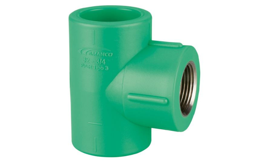 Te Fêmea/Fêmea/Fêmea Bolsa e Rosca com Inserto Metálico 32 mmX3/4" PPR Verde Água Quente