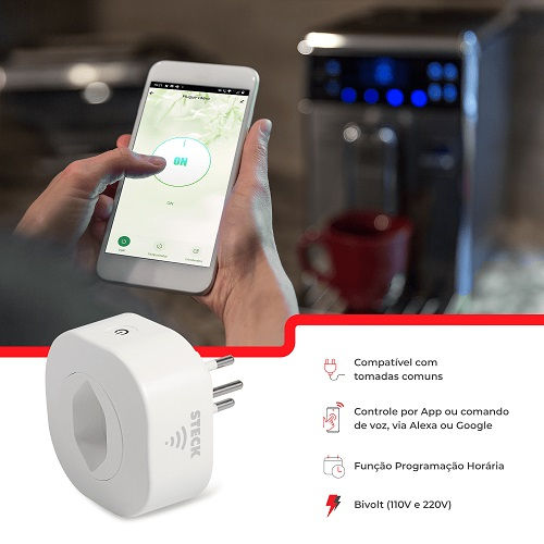 Plugue Wi-fi com Tomada 2P+T 10A 250V Branco Smarteck Compatível com Alexa Google e Siri