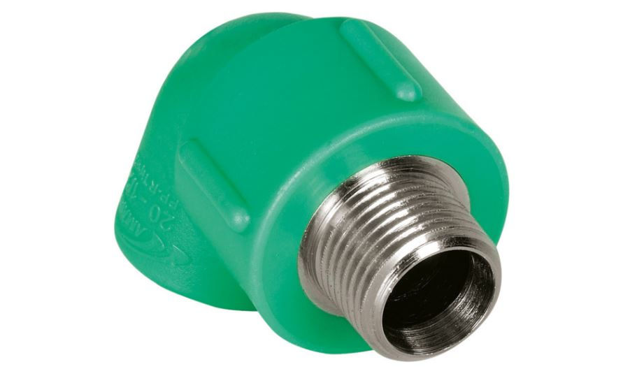 Joelho 90G Bolsa e Rosca com Inserto Metálico Macho/Fêmea 20 mmX1/2" PPR Verde Água Quente