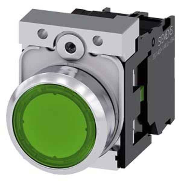 Botão Botão Metálico Comando Pulsador 22,00 mm VD Aro Cromado com Elemt 1NA Luminoso com LED 24VCA/VCC