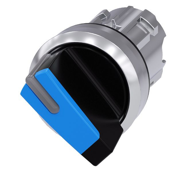Cabeçote Metálico para Comutador Comando 22 mm Aro Cromado com Trava Manopla Curta com 2 Posições 90G Azul sem Elemento Contato