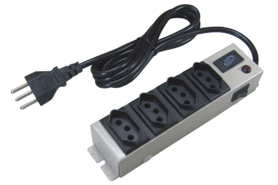 Filtro de Linha Chapa com 4 Tomadas 2P+T 10A Bivolt com Fusível com Botão Liga/Desliga Bege com Cabo 1 M