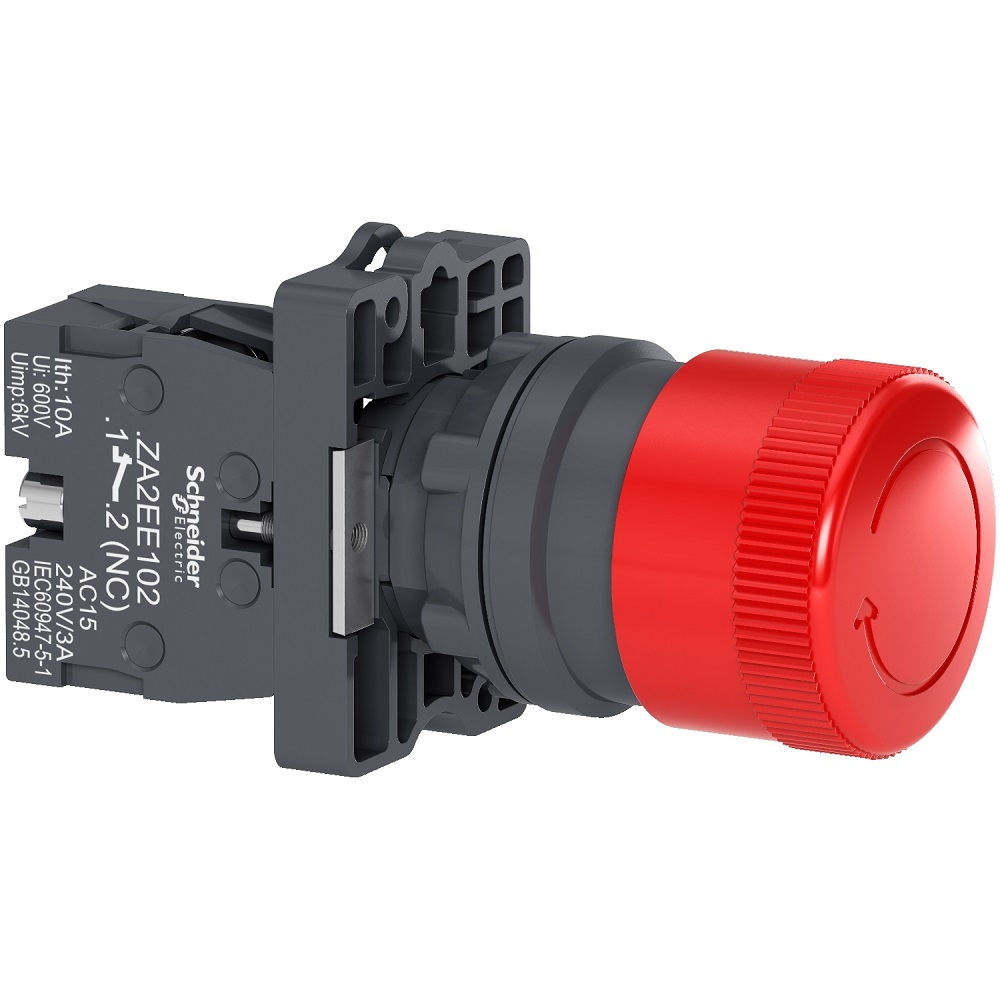 Botão Botão Emergência PVC Cogumelo 22,00 mm Vermelho Aro Preto com Elemento 1NF Opaco Gira Destrava 30 mm