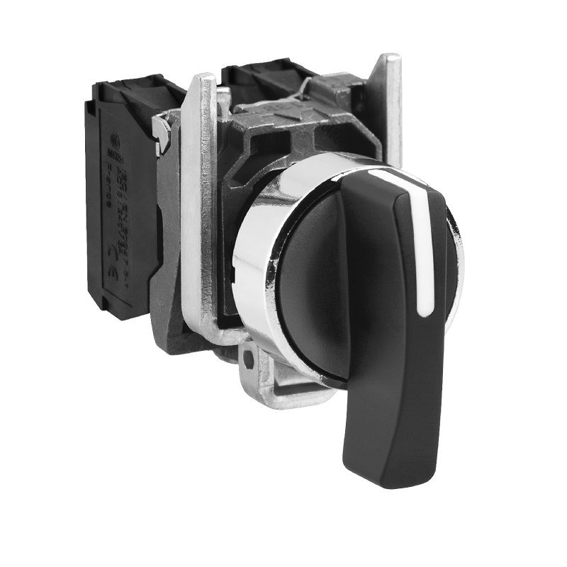 Comutador Metálico Comando 22 mm Aro Cromado 2NA com 3 Posições 45G com Retorno Manopla Longa Preto