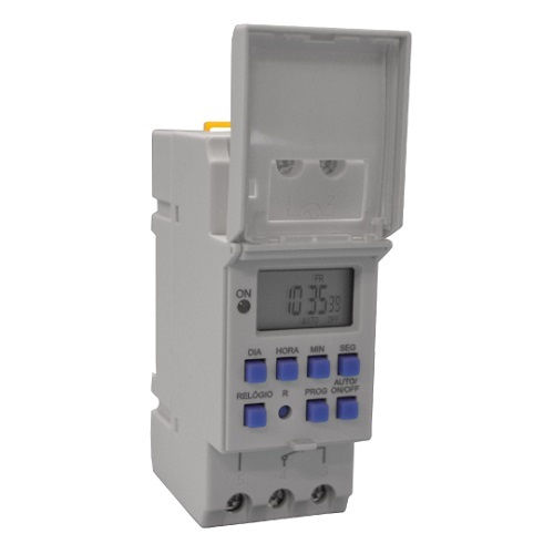Relé Programador Relé Programador Horário LET 16A 110-220VCA 1NA+1NF Horas/Dias/Semanas Trilho DIN 35 mm 40 PRG Display LCD