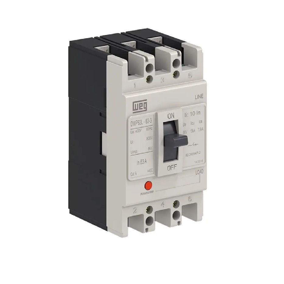 Disjuntor Termomagnético Fixo Tripolar DWP63 L 50A 25 KA/15 KA 220/380VCA Caixa Moldada