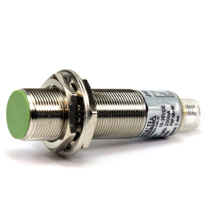 Sensor Indutivo Faceado Cilíndrico M18 PNP 10-36VCC 1NA+1NF Alcance 5 mm com Conector M12 4 Fios IP67 com LED