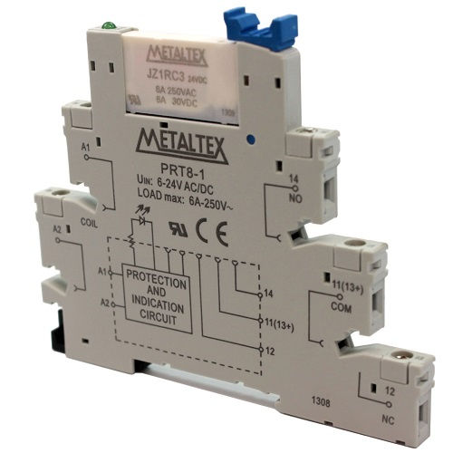 Acoplador Relé Acoplador Relé 220VCA/CC 1 Contato Reversível (NAF) com LED 6A Largura 6,2 mm Conexão para Parafuso para Trilho DIN Estreito
