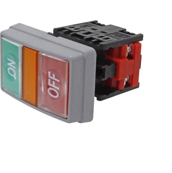 Botão Botão Duplo PVC Retangular 22,00 mm Verde/Vermelho Aro Cinza com Elemento 1NA+1NF com Gravação On/Off