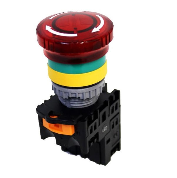 Botão Botão Emergência PVC Cogumelo 22,00 mm Vermelho com Elemento 1NF Luminoso com LED 220VCA com Trava e Giro para Destravar