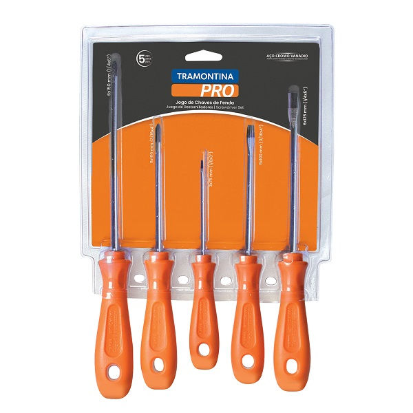 Jogo Chaves Fenda e Philips com 3 Fenda e 2 Philips Aço Vanadium 1/8x3"-3/16x4"-1/4x5" 3/16x4”-1/4x6” Laranja