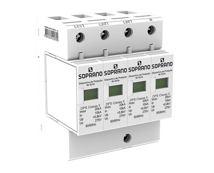 Dispositivo DPS Tetrapolar 10 KA/20 KA 275VCA Proteção Contra Surto DIN Classe II