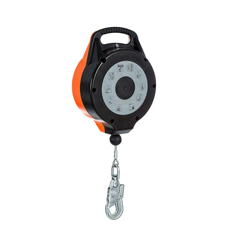 Trava Quedas Termoplástico com Cabo Aço 10 M Retrátil Laranja/Preto NBR 14628 Carga 150 kg com Indicador Queda com Destorcedor
