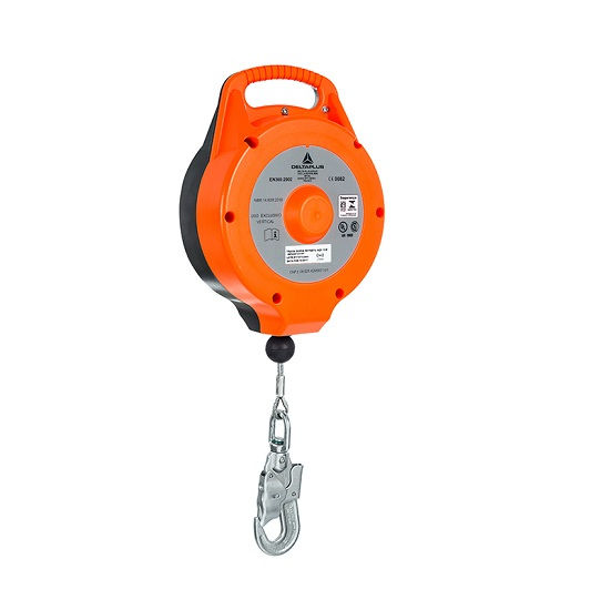 Trava Quedas Termoplástico com Cabo Aço 10 M Retrátil Laranja/Preto NBR 14628 Carga 150 kg com Indicador Queda com Destorcedor