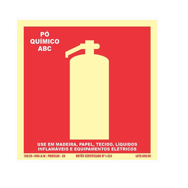 Placa Sinalização Extintor Incêndio PO ABC PVC 150x150 mm Fotoluminescente/Vermelha