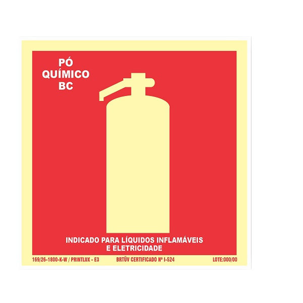 Placa Sinalização Extintor Incêndio PO BC PVC 150x150 mm Fotoluminescente/Vermelha