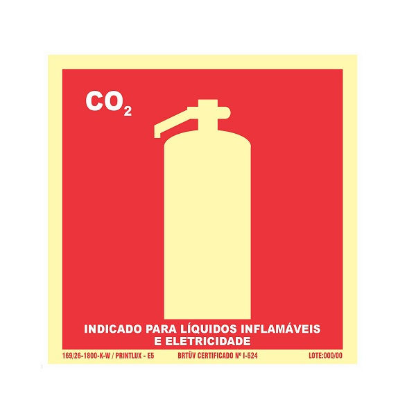 Placa Sinalização Extintor Incêndio CO2 PVC 150x150 mm Fotoluminescente/Vermelha